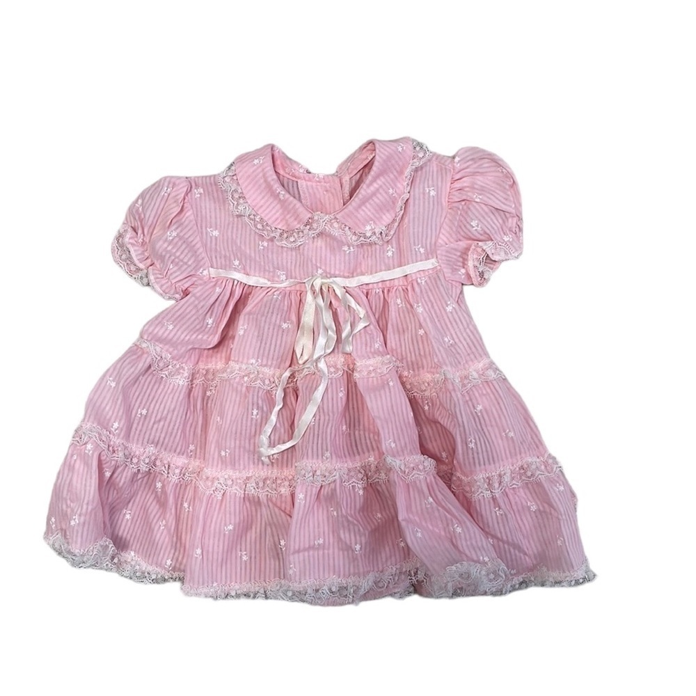 Vintage Baby Dress Lace Ruffles Short Sleeve Pink Floral Detail Size 6-9M